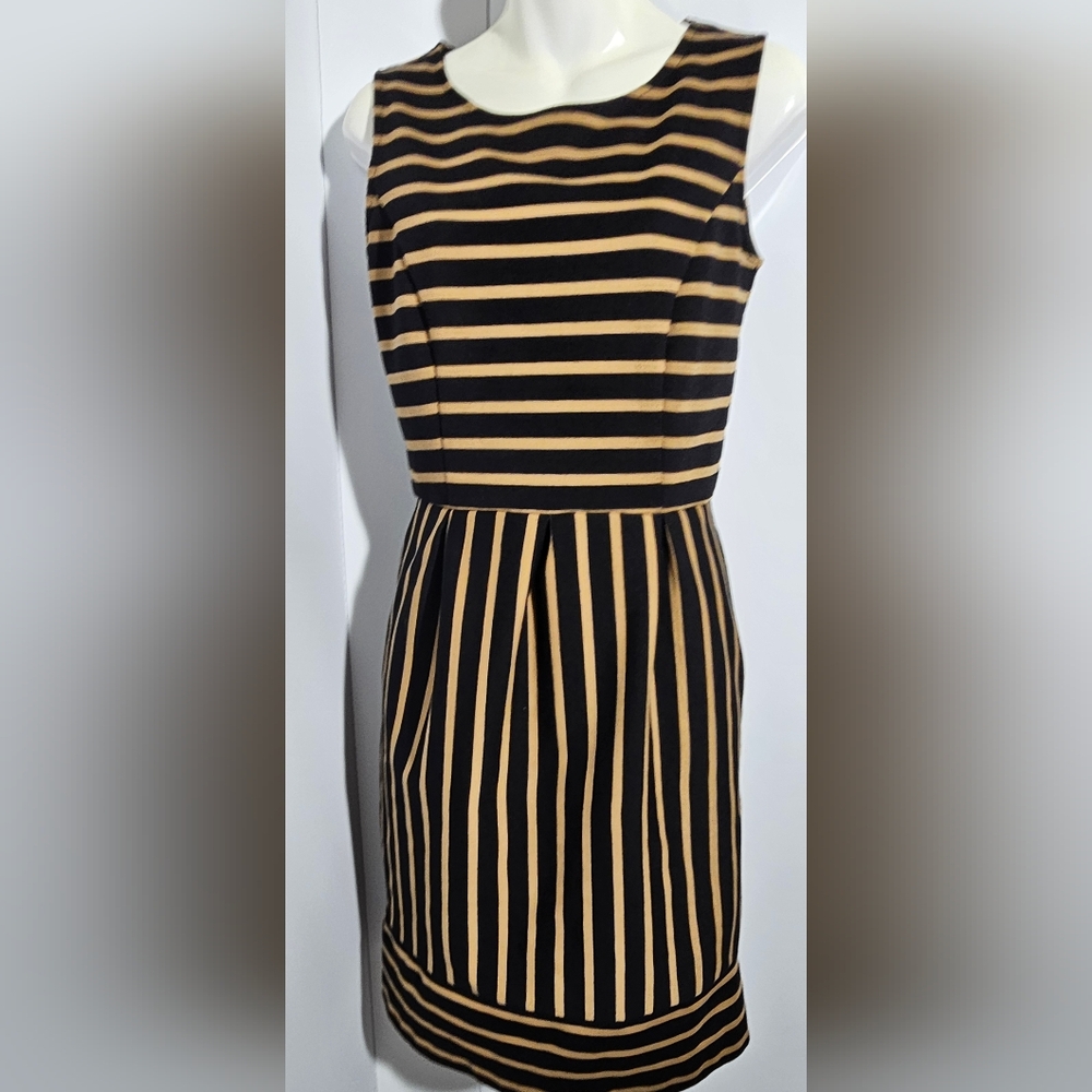 Merona Womens Dress Size S/P Sheath Black Brown Stripe Sleeveless Zip petite